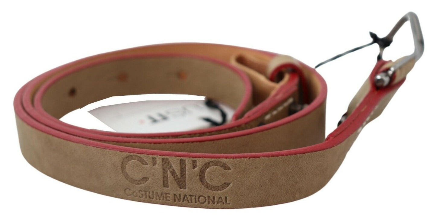 Costume National Beige Leather Silver Logo Buckle Waist Belt