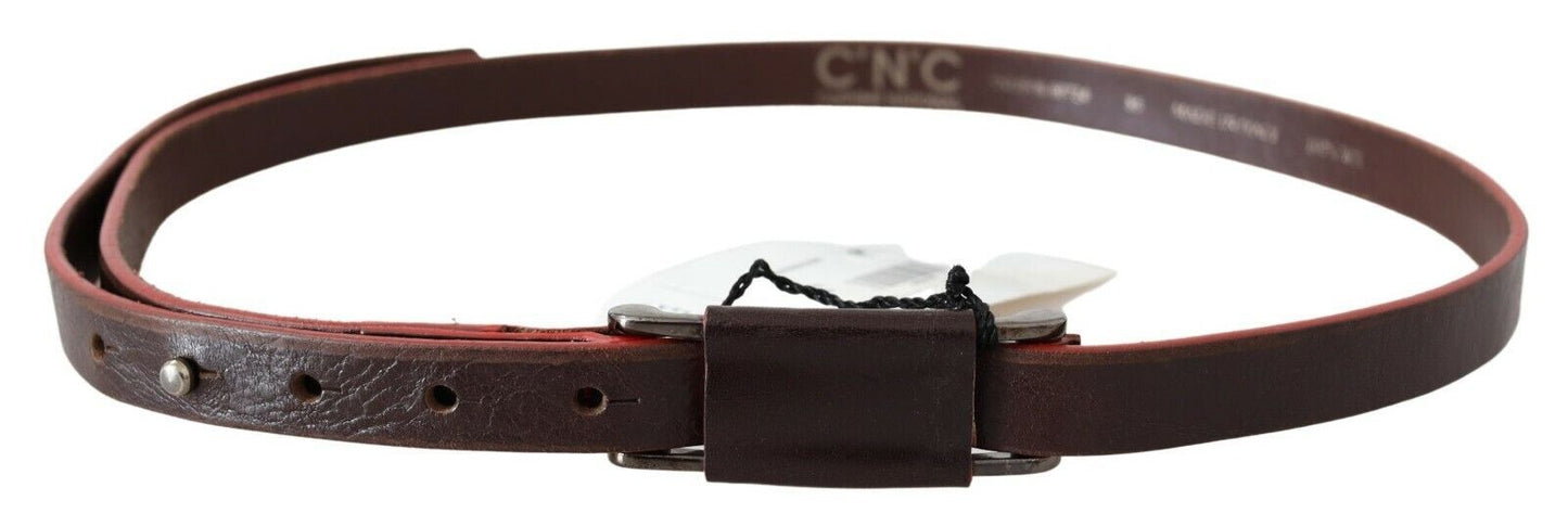 Costume National Brown Leather Double Rustic Silver Buckle Belt