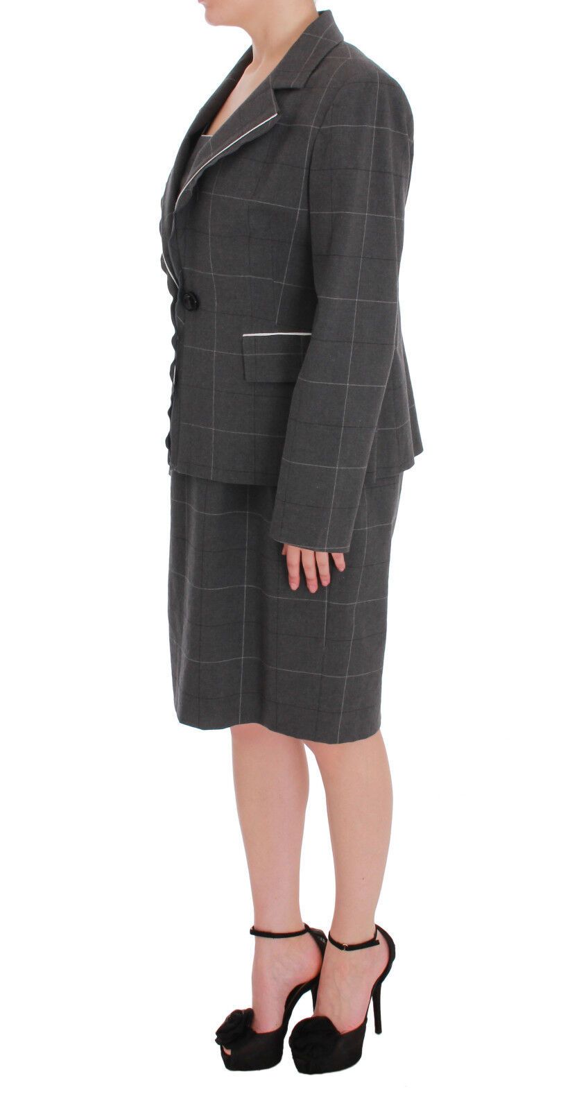 BENCIVENGA Gray Checkered Cotton Blazer Dress Set Suit