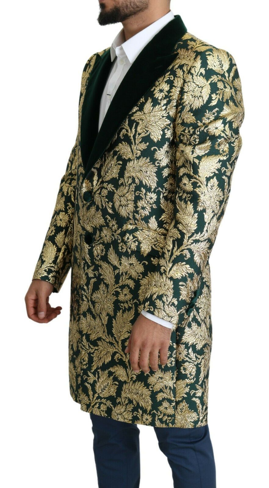 Dolce & Gabbana DOLCE & GABBANA Jacket SICILIA Green Gold Jacquard Long Coat