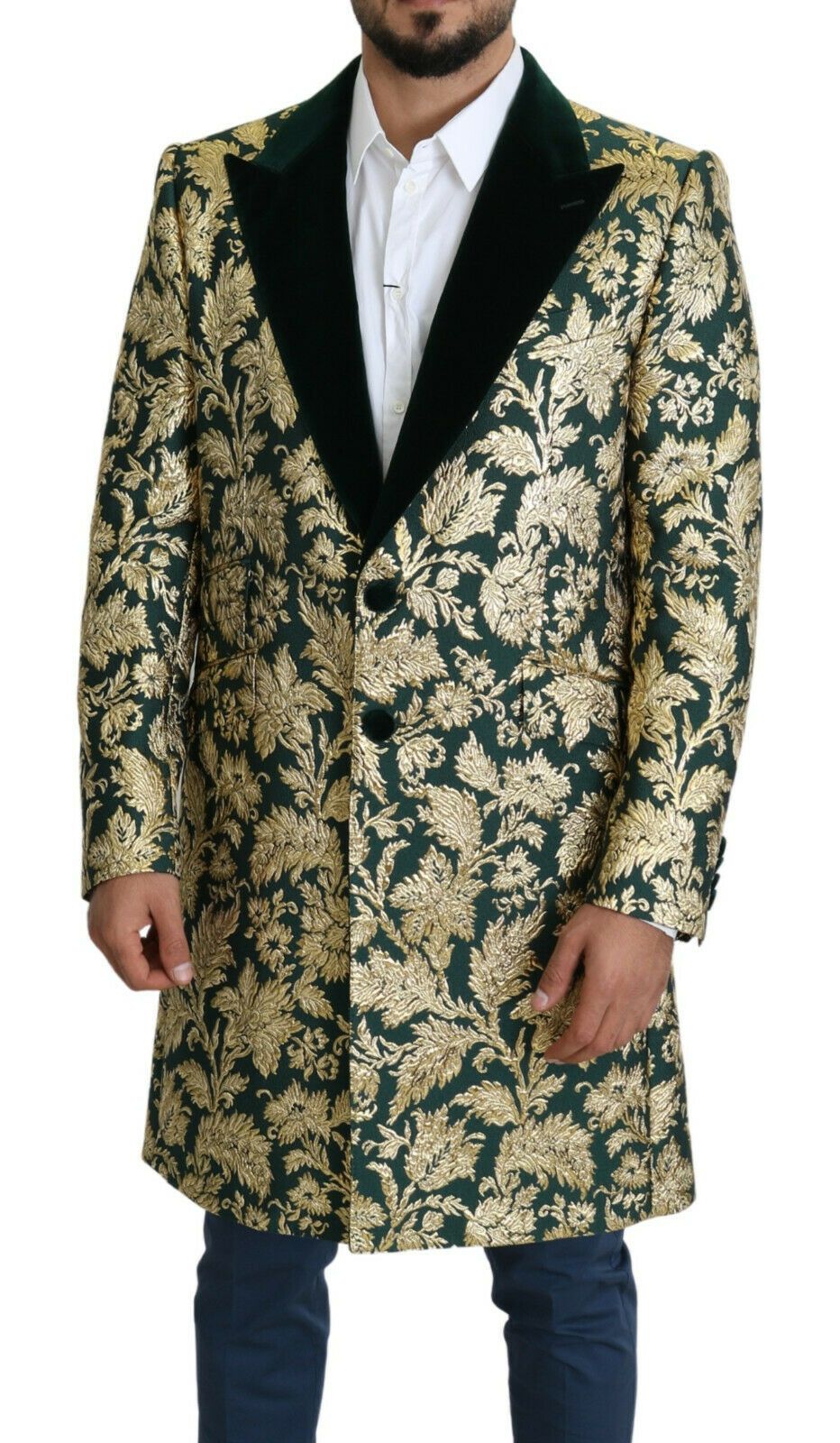 Dolce & Gabbana DOLCE & GABBANA Jacket SICILIA Green Gold Jacquard Long Coat