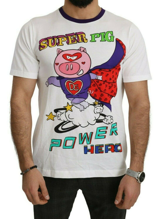 Dolce & Gabbana White Cotton Top Super Power Pig T-shirt