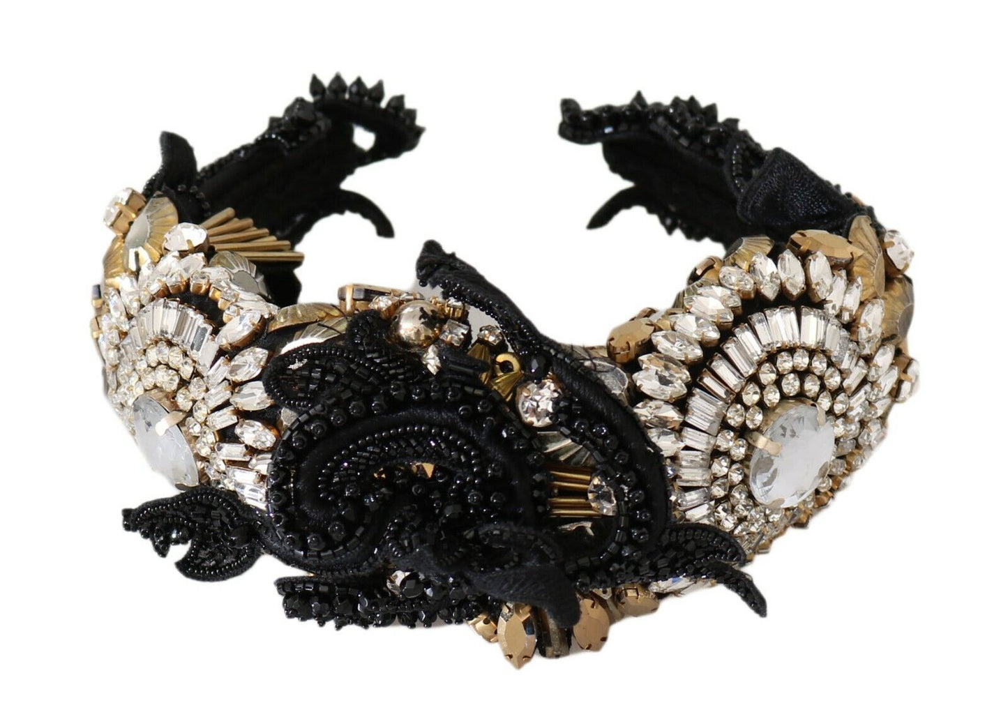 Dolce & Gabbana Black Silk Gold Crystal Studded Diadem