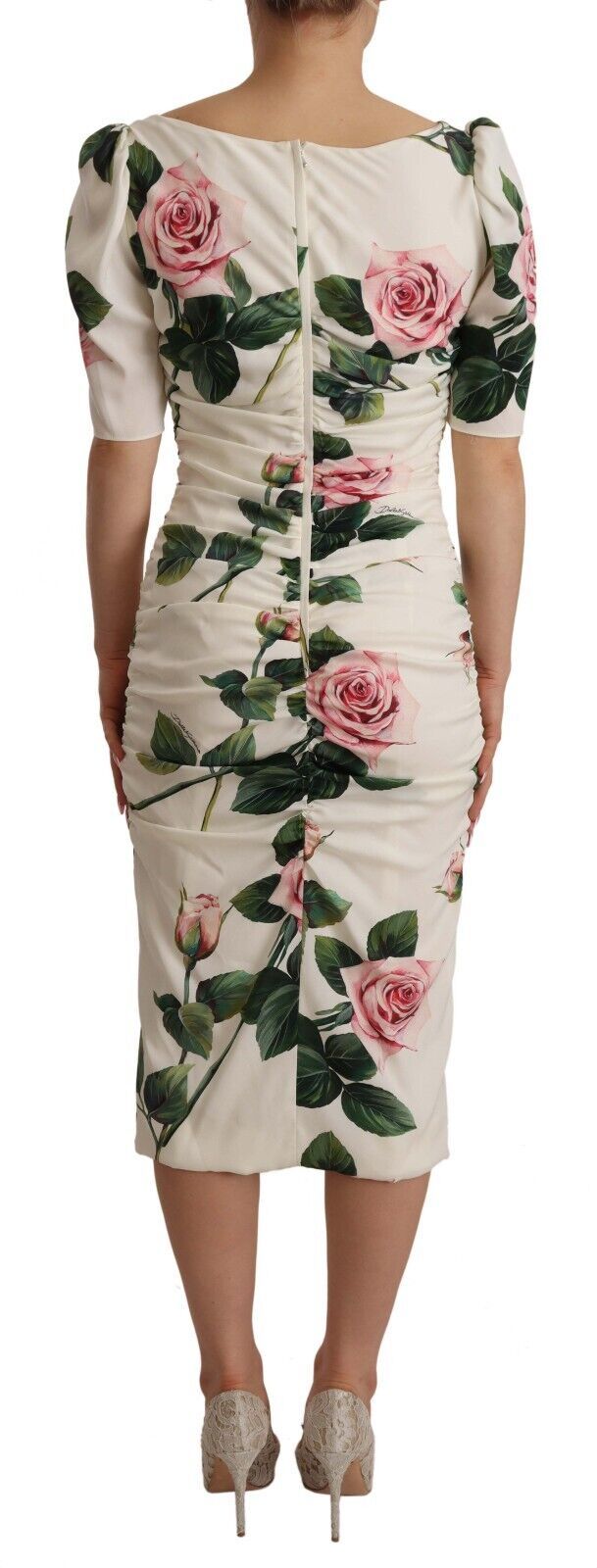 Dolce & Gabbana White Roses Print Stretch Silk Pleated Dress