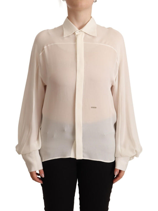 Dsquared² Off White Silk Long Sleeves Collared Blouse Top