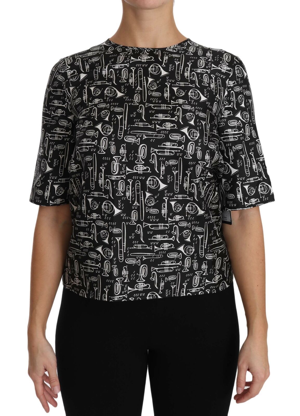 Dolce & Gabbana Black Musical Instruments Print Silk Blouse