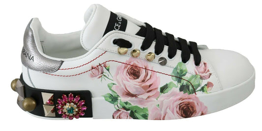 Dolce & Gabbana White Leather Crystal Roses Floral Sneakers Shoes