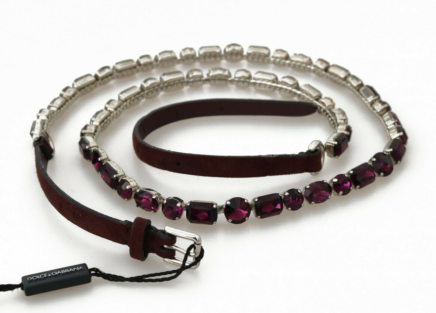 Dolce & Gabbana Brown Leather Purple Crystal Chain Belt