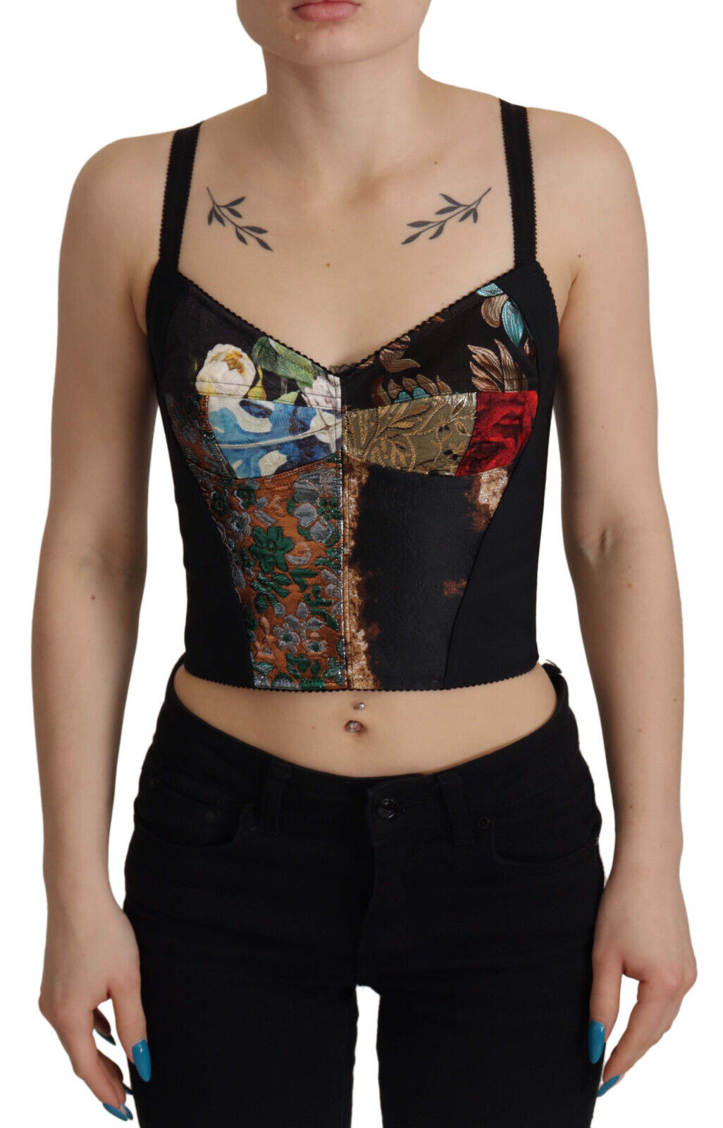 Dolce & Gabbana Black Patchwork Sicily Blouse Corset Cropped Top