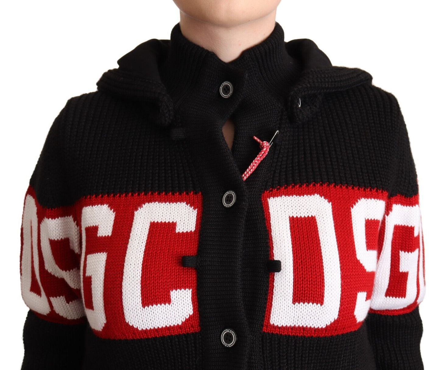 GCDS Black Cashmere Hooded Button Down Logo Cardigan Jacket