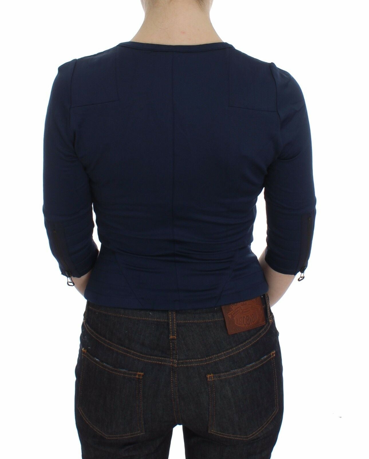 Exte Chic Zippered Crew-Neck Blue Sweater