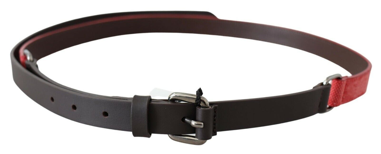 Costume National Red Brown Leather Silver Logo Buckle Waist Belt