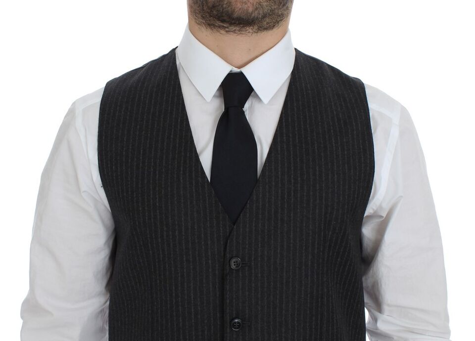 Dolce & Gabbana Gray Striped Wool Single Breasted Vest