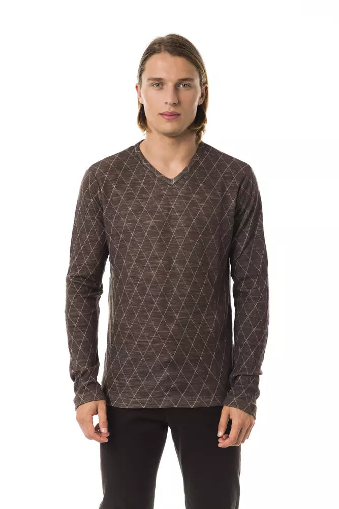 BYBLOS Classic V-Neck Patterned Sweater in Earthy Brown