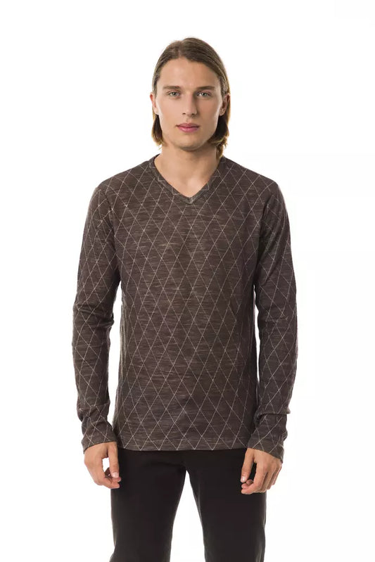 BYBLOS Classic V-Neck Patterned Sweater in Earthy Brown