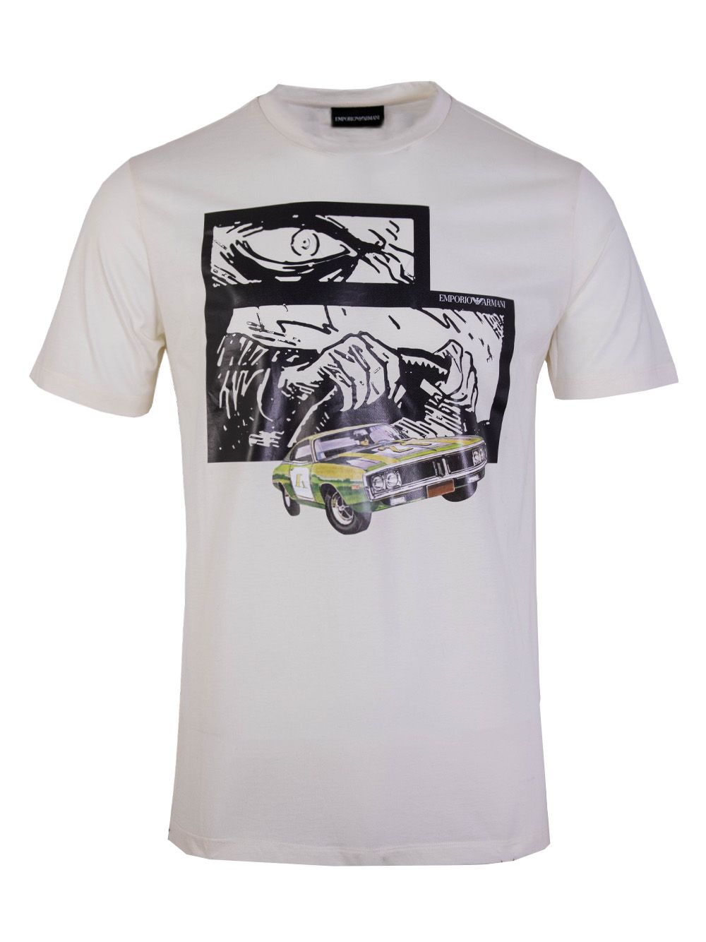 Emporio Armani Sophisticated White Cotton Tee with Colorful Print